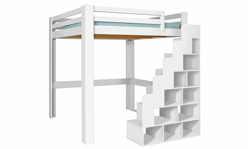 Lit mezzanine bois 200x200 de face avec escalier  droite