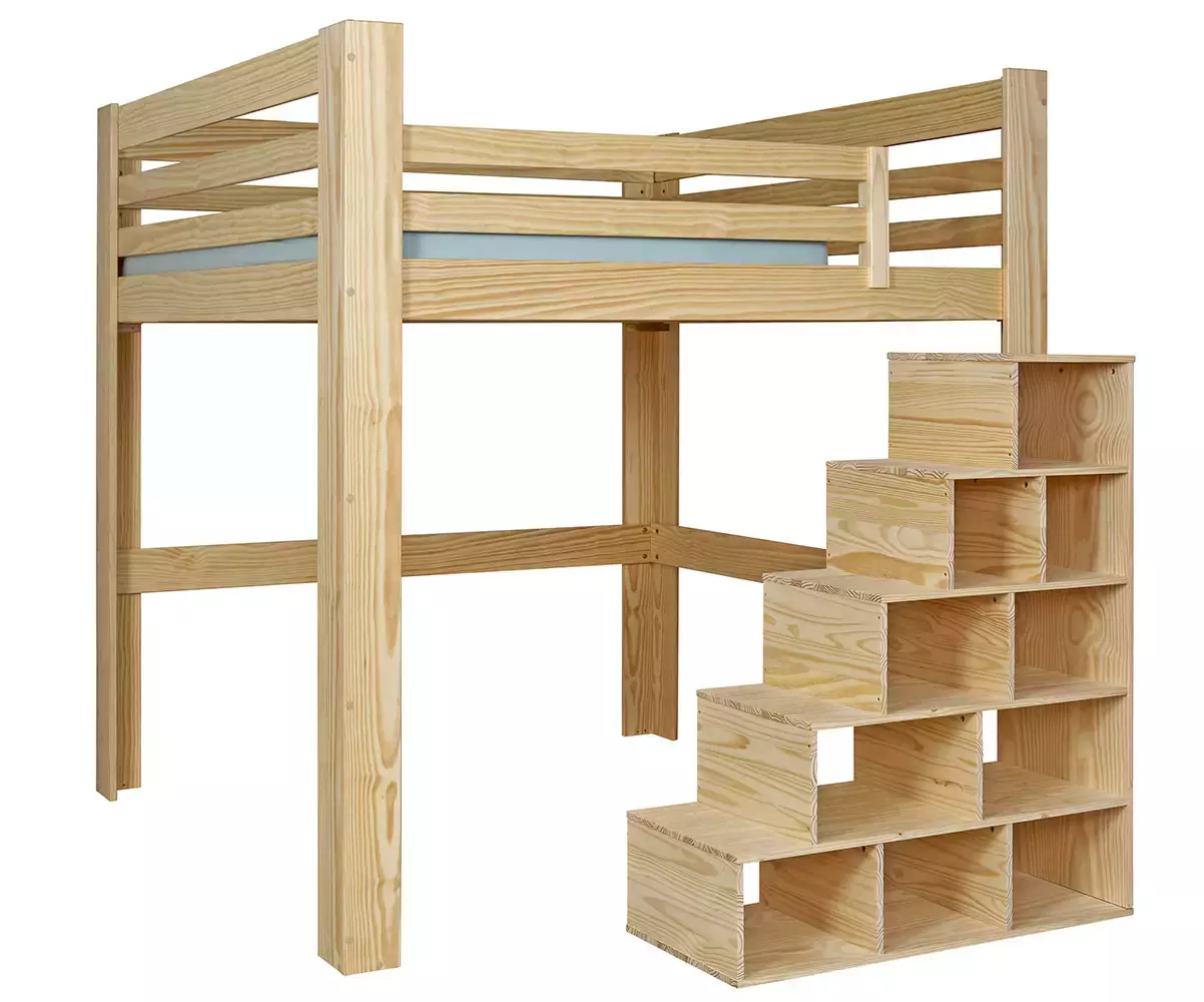 Lit mezzanine Palomar 200x200 bois en version basse avec lot de 3 gardes corps en option