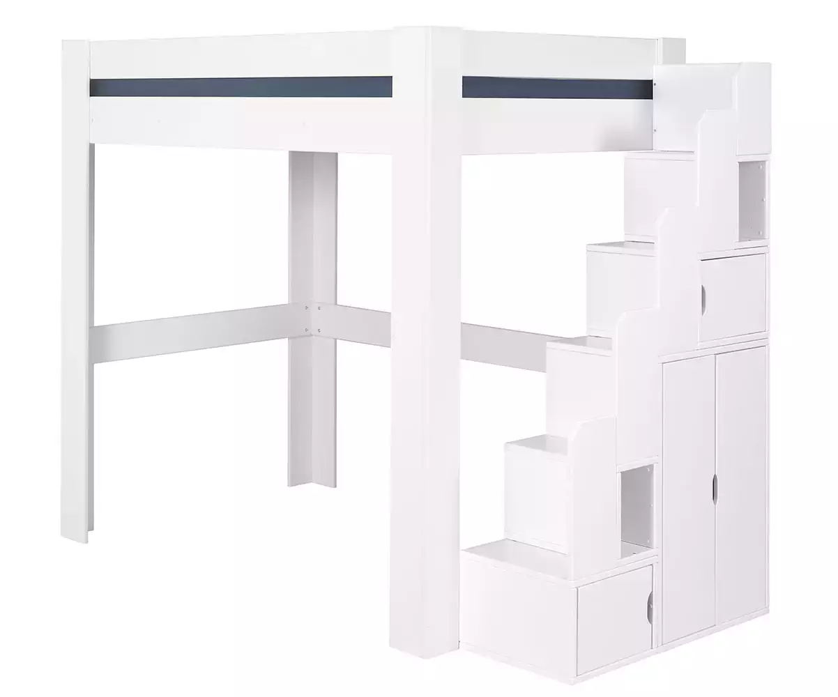 Lit mezzanine blanc avec module escalier à droite
