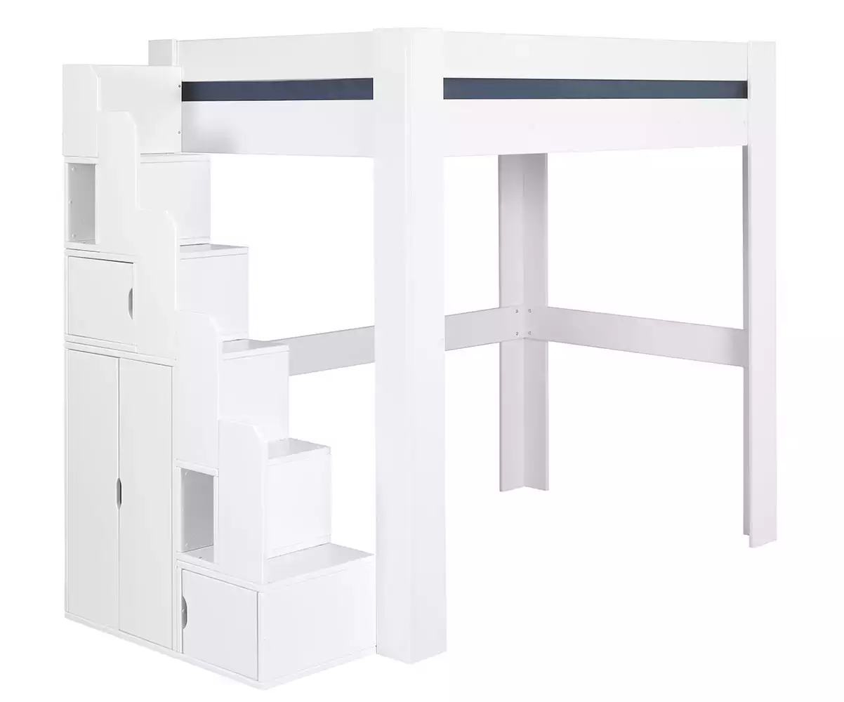 Lit mezzanine blanc avec module escalier à gauche