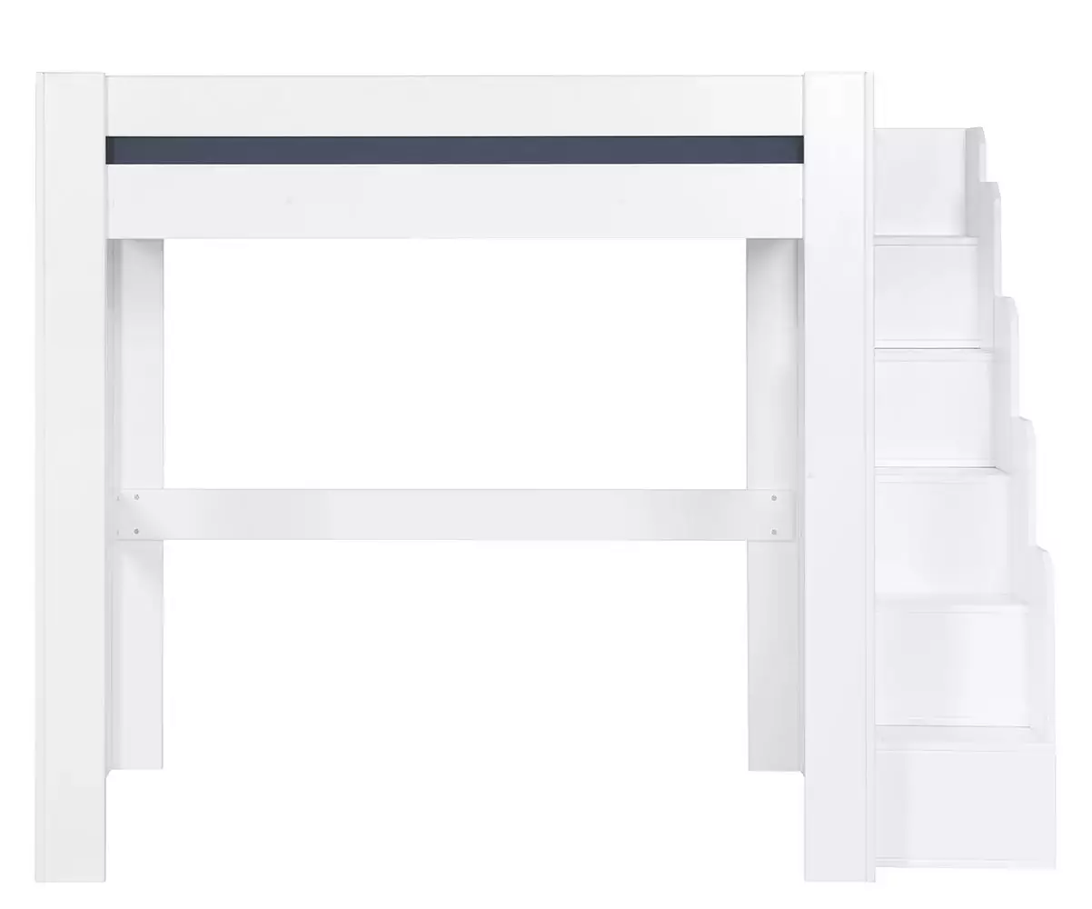 Lit mezzanine blanc avec module escalier de face