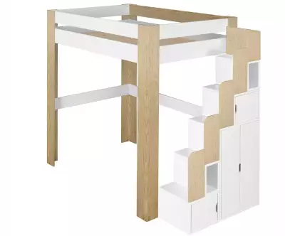 Lit mezzanine avec module escalier bois naturel et blanc positionné à droite