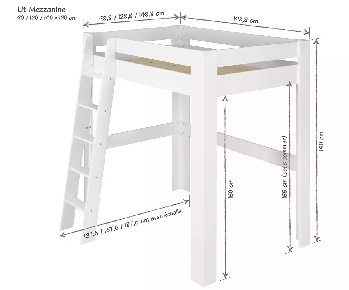 Dimensions lit mezzanine Paros blanc