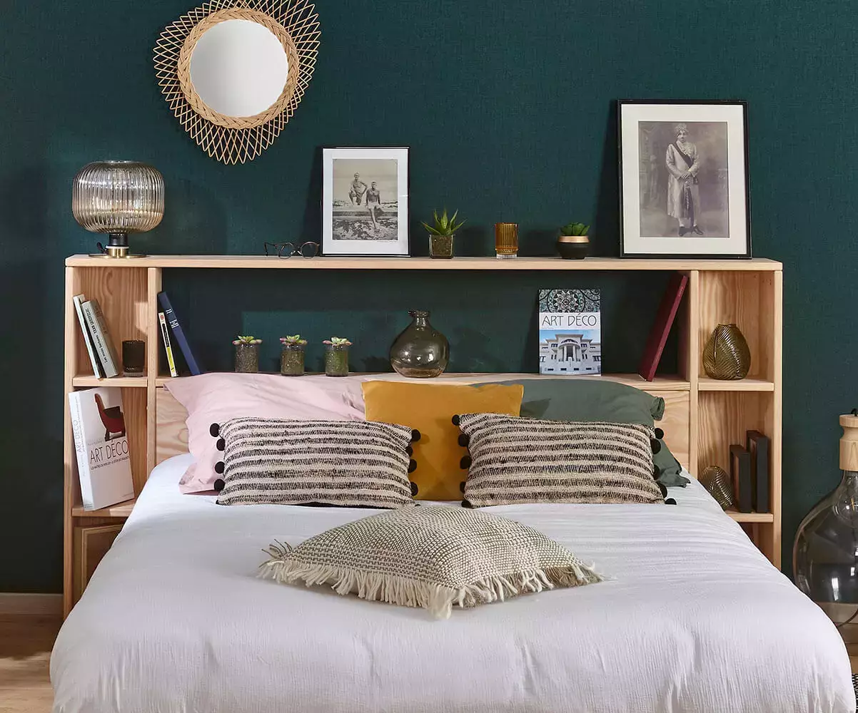 lit euphor avec tête de lit rangement bois naturel