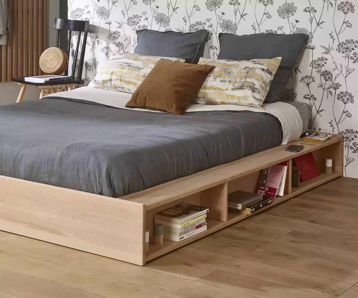 Lit 2 places en bois massif naturel avec rangements