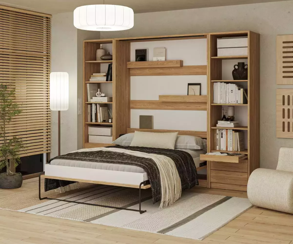 Lit escamotable Sélène avec rangements ouvert chêne clair
