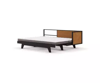 Vue de 3/4 du lit Farrel déplié avec matelas