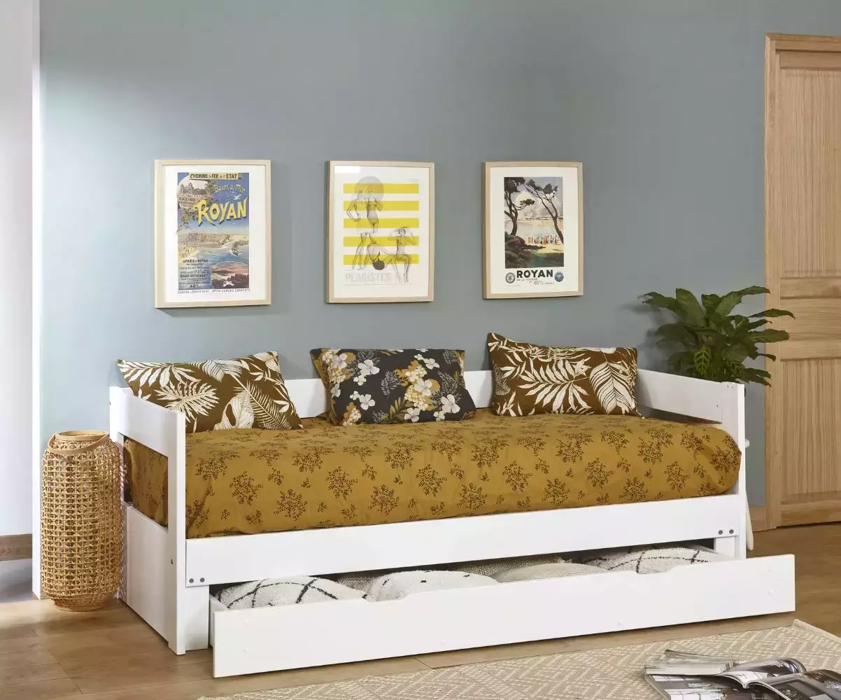 Lit gigogne Lakota blanc tiroir ouvert avec matelas
