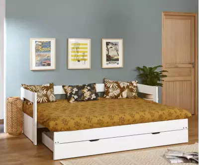Lit gigogne Lakota blanc ouvert avec matelas