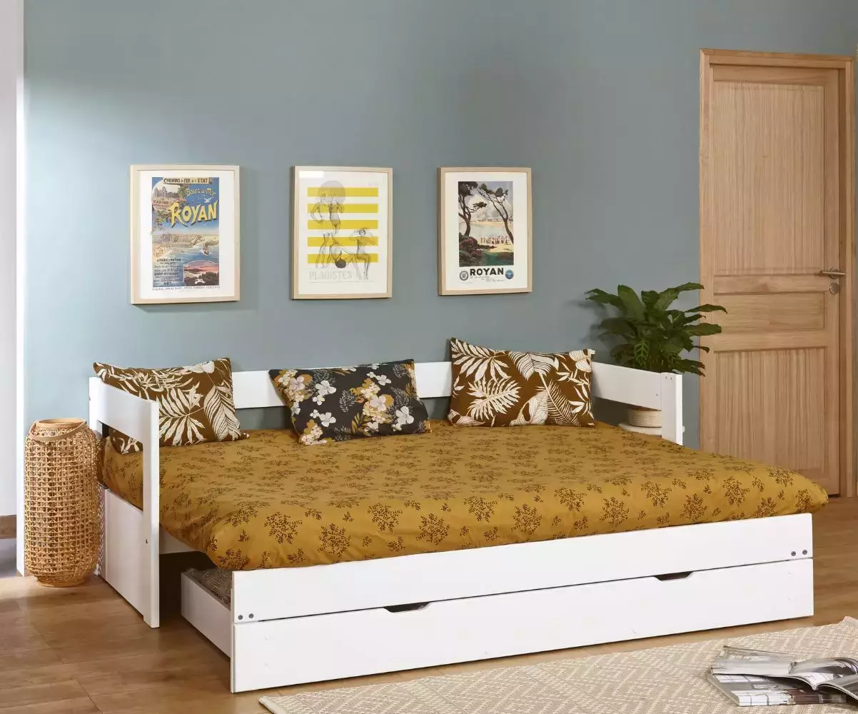 Lit gigogne Lakota blanc ouvert avec matelas