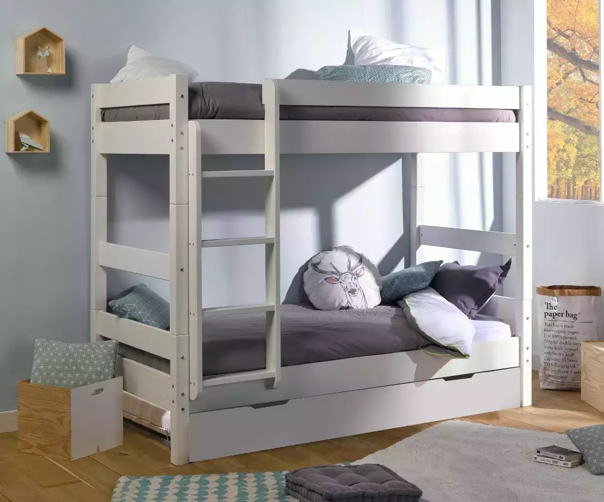 Pack Lit Superposé Iris Blanc avec 3 Matelas et sommier gigogne blanc