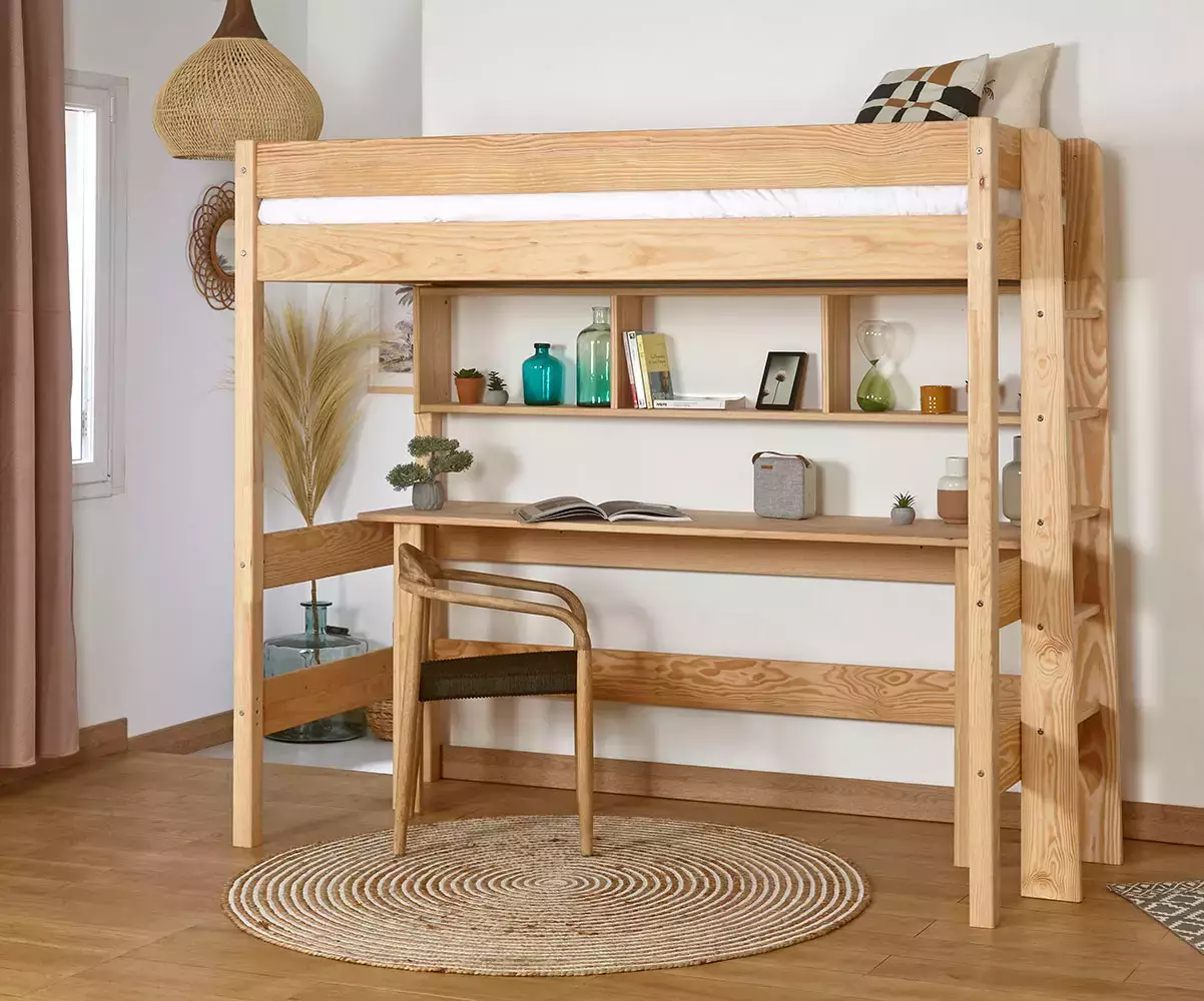 Lit mezzanine Donnell bois (bureau et rangement en option)