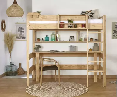 Lit mezzanine Douglas bois en pin massif (bureau relevable en option)