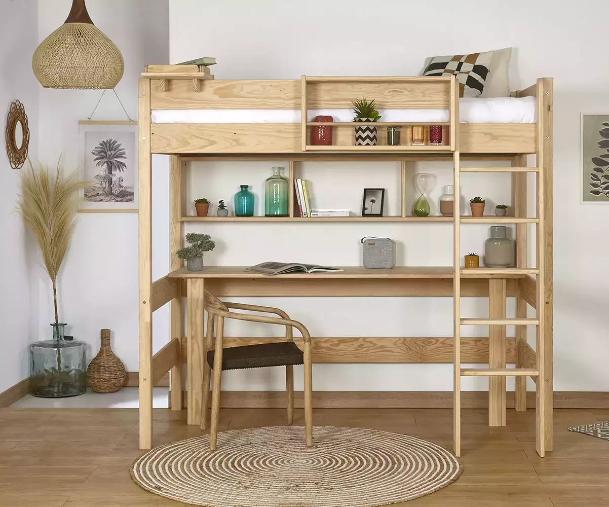 Lit mezzanine Douglas bois en pin massif (bureau relevable en option)