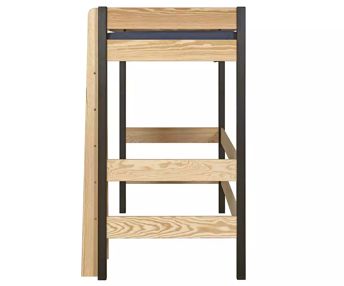 Pack lit mezzanine Douglas noir et bois avec échelle sur le devant du de côté