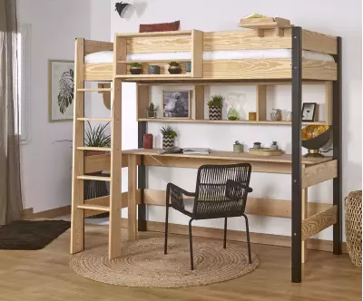 Pack lit mezzanine Douglas noir et bois en pin massif (bureau et rangement en option)
