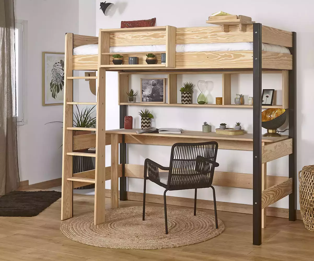 Pack lit mezzanine Douglas noir et bois en pin massif (bureau et rangement en option)