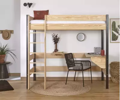 Pack lit mezzanine Douglas noir et bois en pin massif (bureau relevable en option)