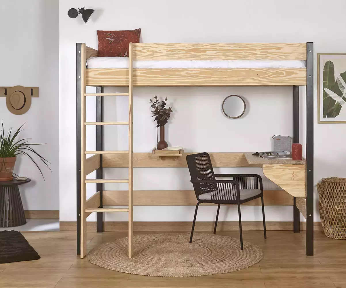 Pack lit mezzanine Douglas noir et bois en pin massif (bureau relevable en option)