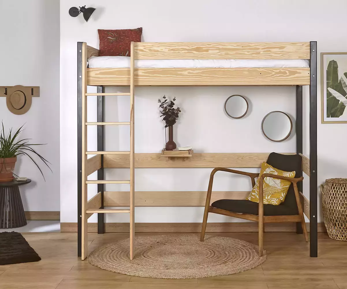 Pack lit mezzanine Douglas noir et bois en pin massif