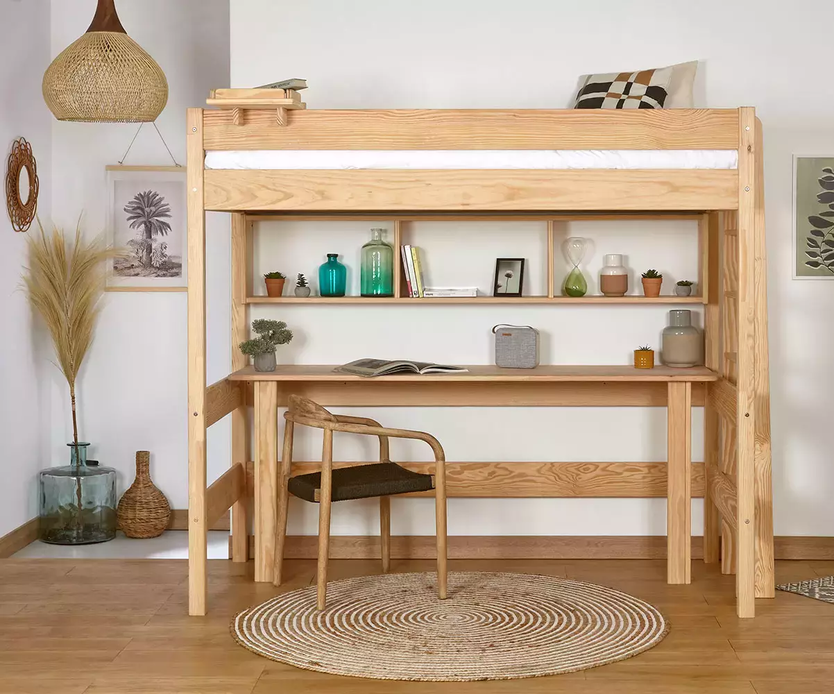 Lit mezzanine Donnell bois avec bureau (rangements en option)