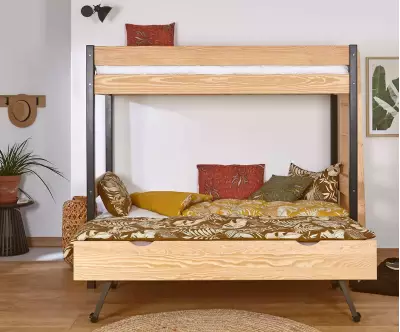 Pack lit superposé Donnell noir et bois avec sommier gigogne ouvert