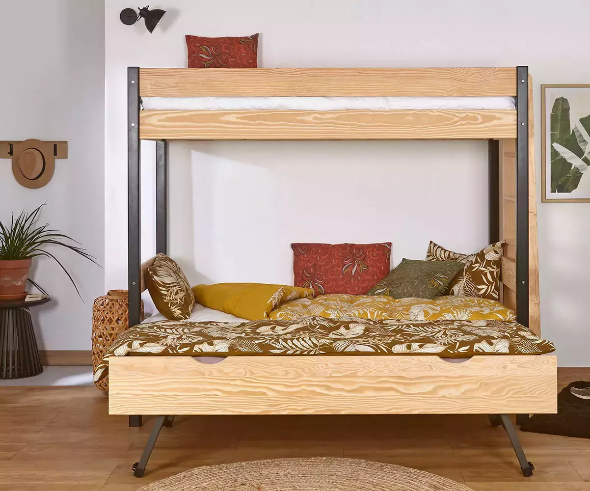 Pack lit superposé Donnell noir et bois avec sommier gigogne ouvert