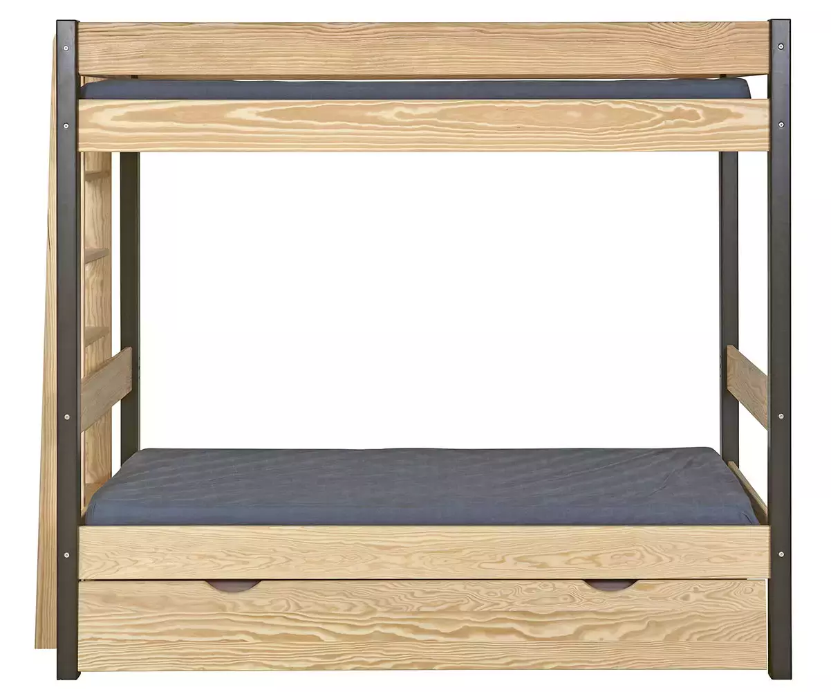 Pack lit superposé Donnell noir et bois avec sommier gigogne fermé