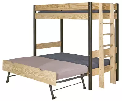 Pack lit superposé Donnell noir et bois avec sommier gigogne ouvert