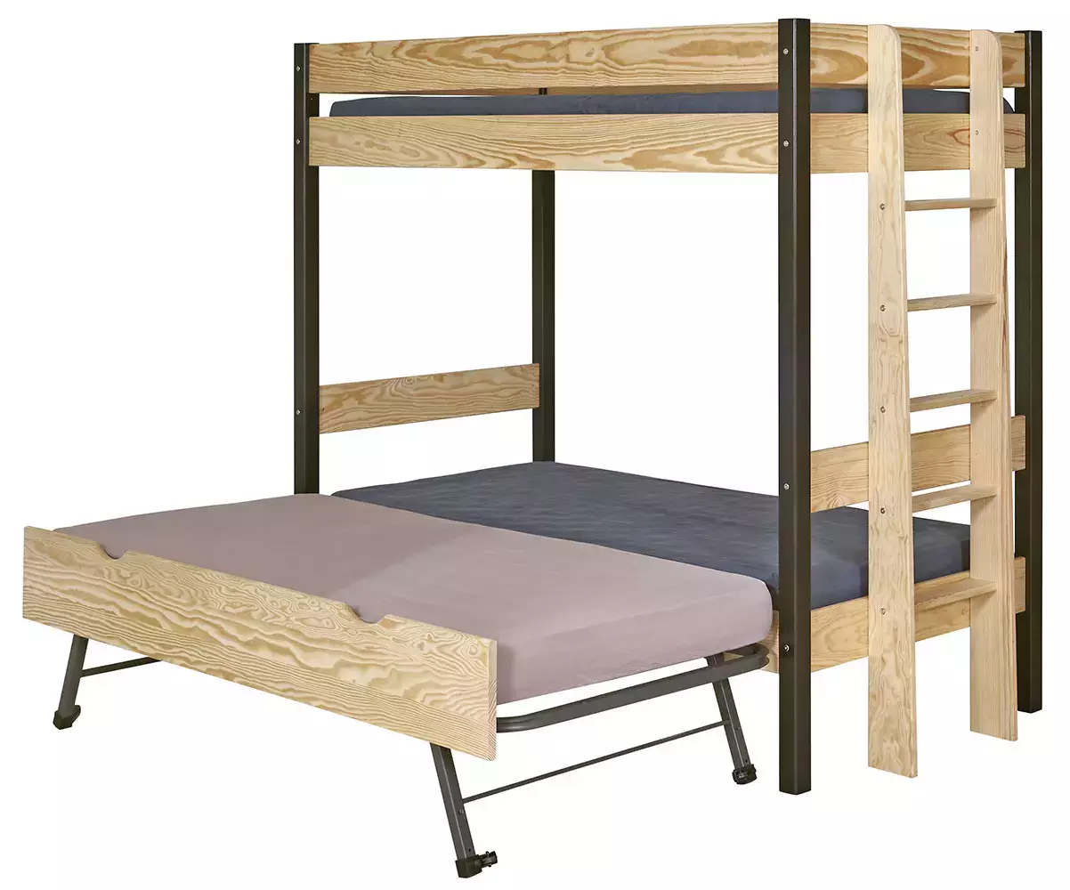 Pack lit superposé Donnell noir et bois avec sommier gigogne ouvert