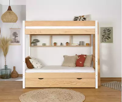 Pack lit superposé Donnell blanc et bois avec sommier gigogne