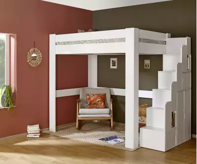 Lit mezzanine escalier blanc 1 place avec module escalier