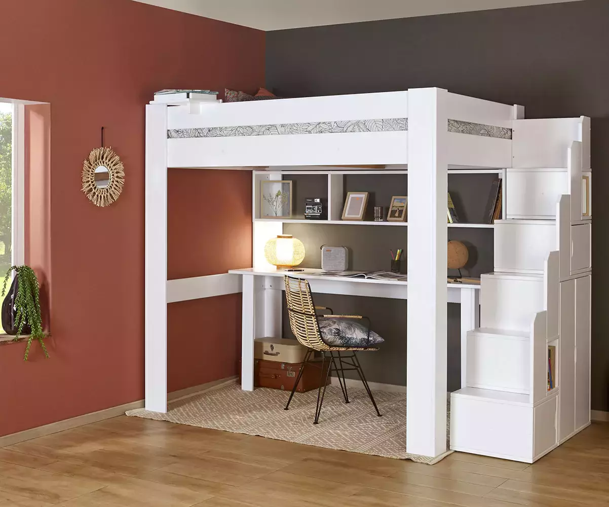Lit mezzanine blanc avec bureau en option