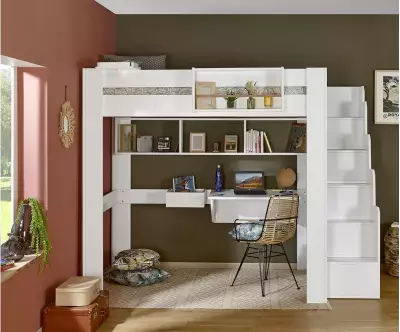 Lit mezzanine blanc avec accessoires de rangement