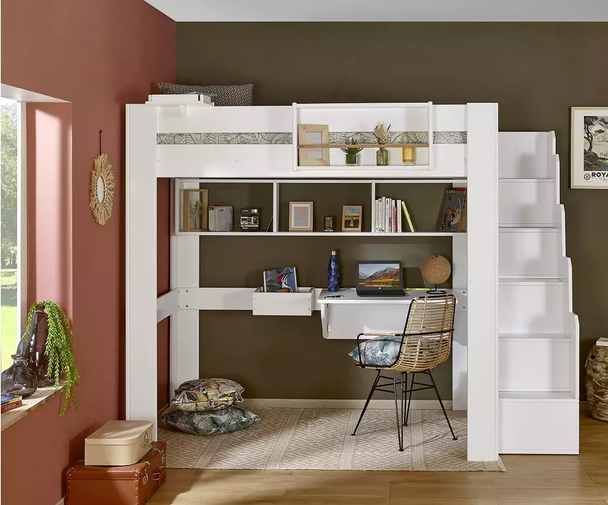 Lit mezzanine blanc avec accessoires de rangement