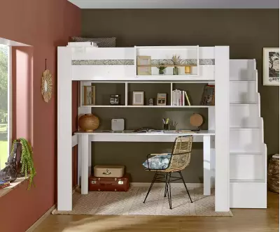 Lit mezzanine blanc avec bureau Milos en option