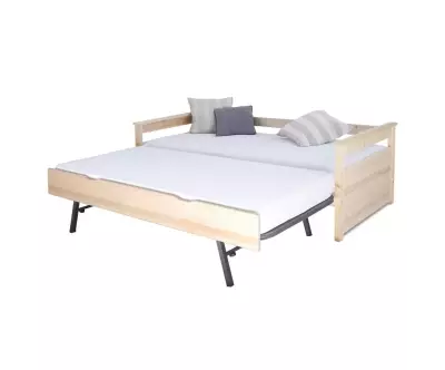 Lit banquette bois naturel transformé en lit double