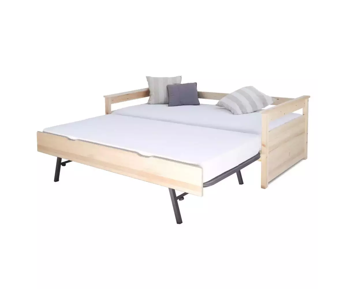 Lit banquette bois naturel transformé en lit double