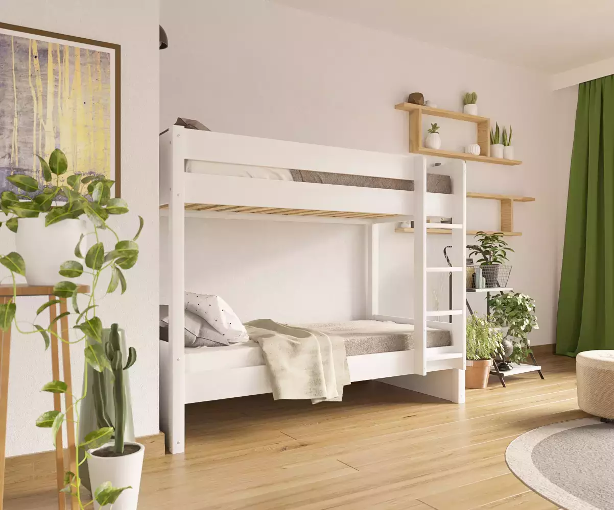 Lit superposé adulte Javari blanc échelle positionnable avec matelas