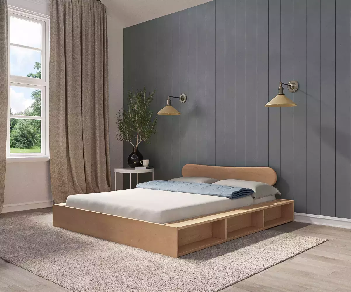 Lit Galion avec tete de lit Kauai en bois massif confortable