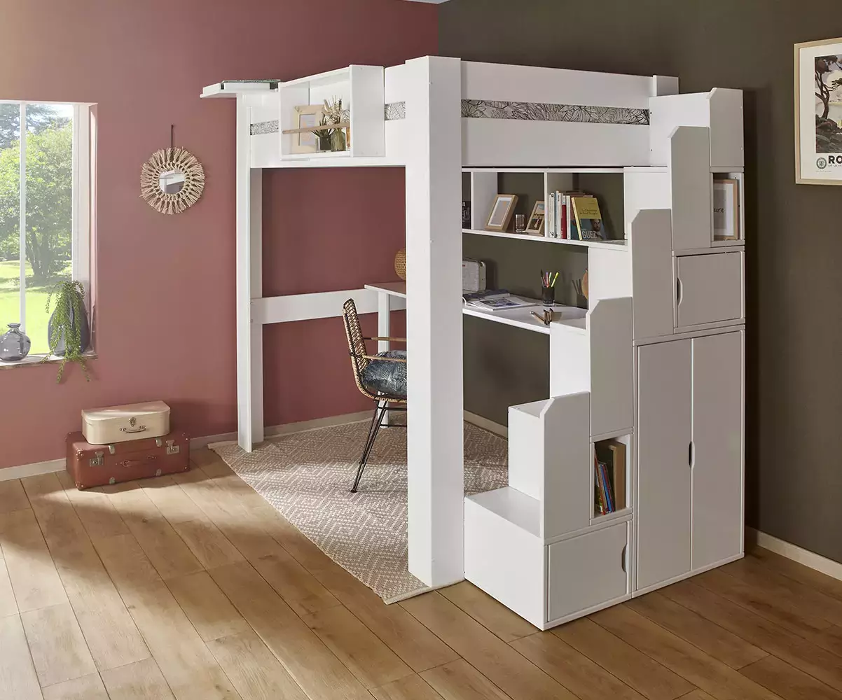 Module escalier blanc avec rangements en bois massif