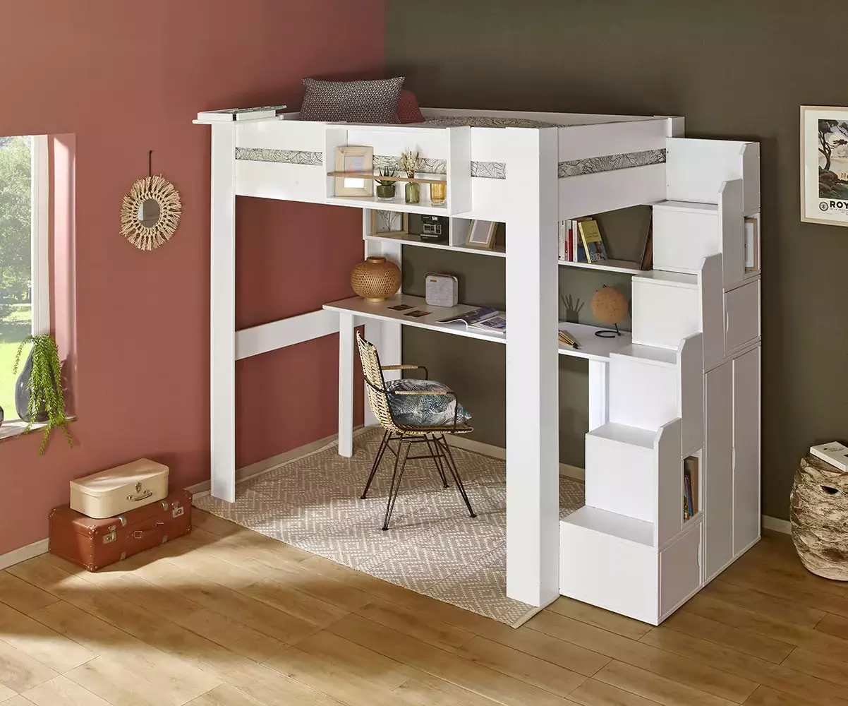 Ensemble lit mezzanine Paros blanc double avec escalier aves rangement