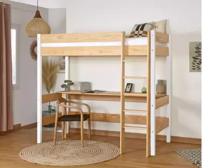 Lit mezzanine Douglas bois et blanc avec bureau