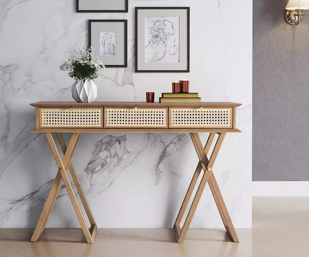 Console Dinda, meuble de rangement fonctionnel doté de 3 tiroirs
