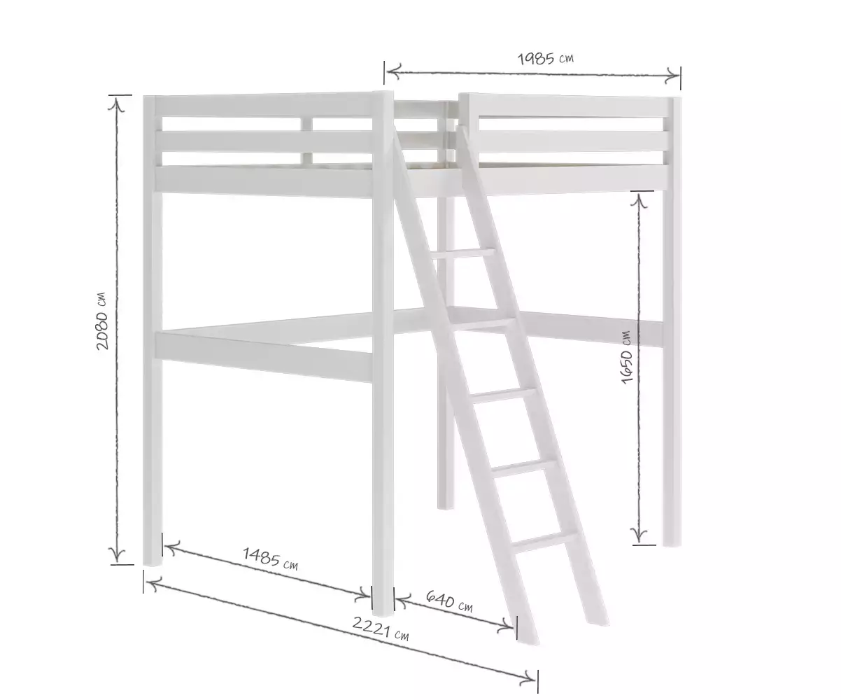 Lit Mezzanine Ted 2 Places 140x190 cm en Bois massif Naturel ou Blanc