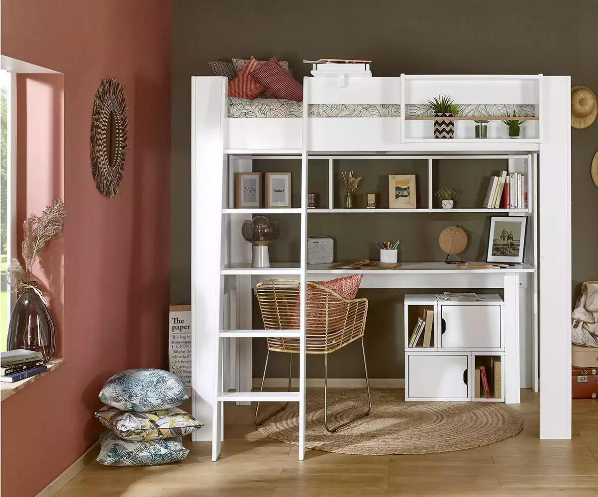 Bureau Milos blanc avec lit mezzanine Paros