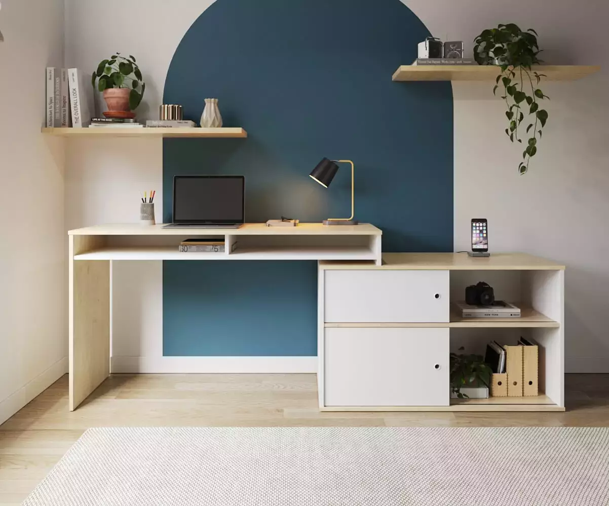 Bureau en longueur Isonoé blanc et bois