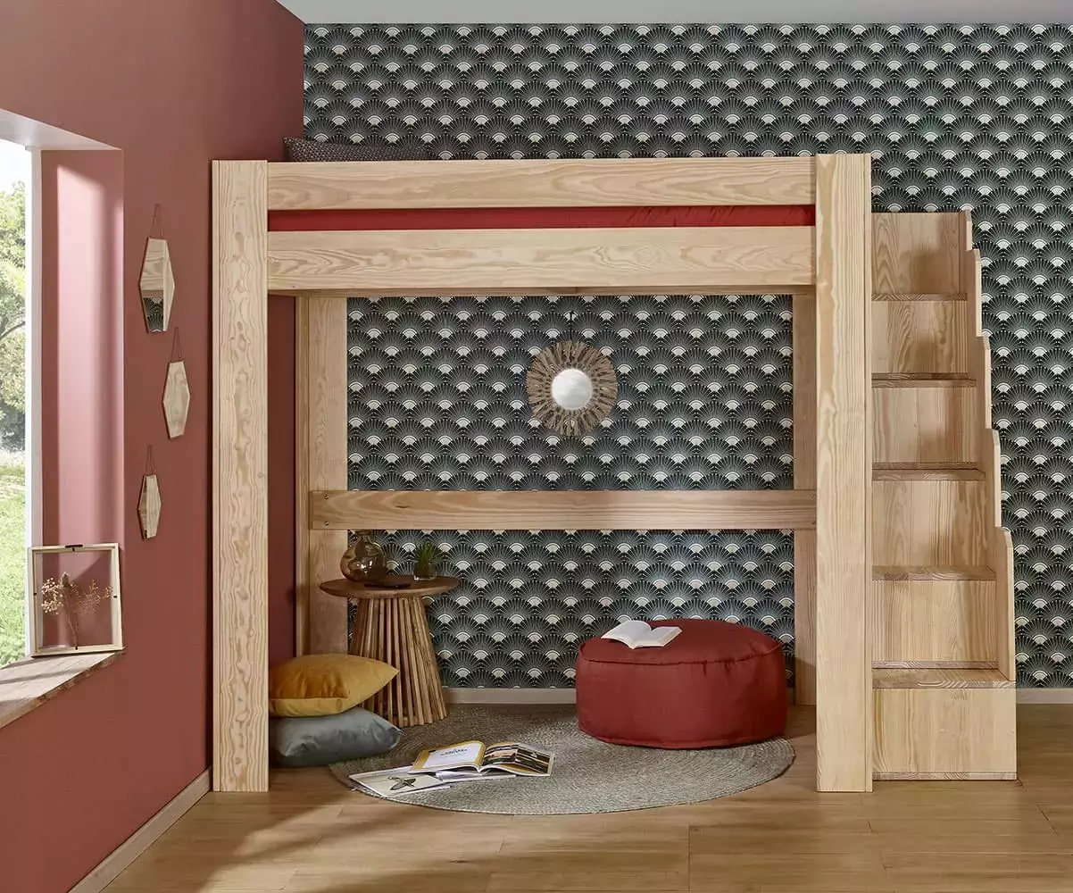 Lit mezzanine escalier bois naturel gain de place