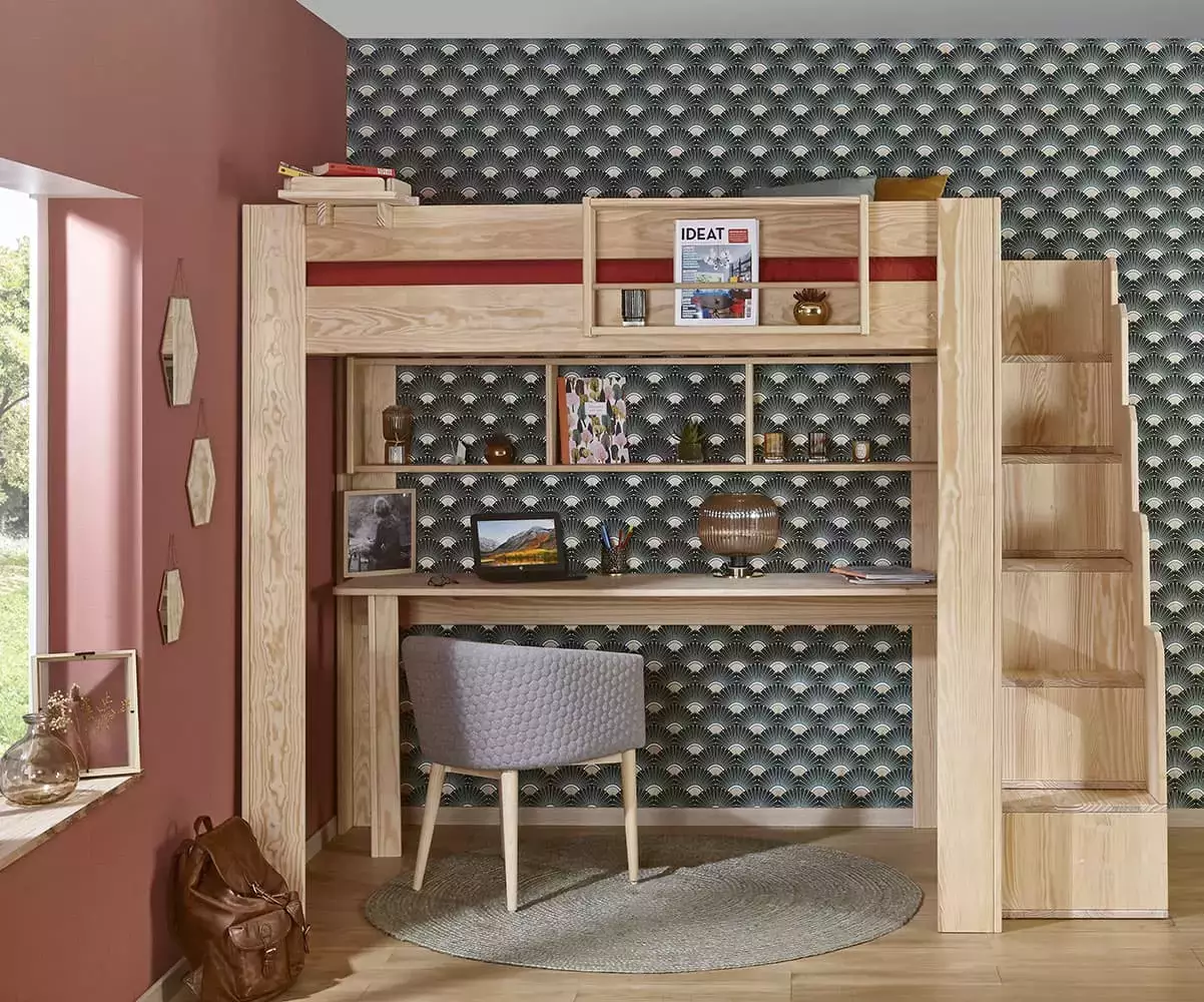 Lit mezzanine bois naturel avec bureau Milos en option