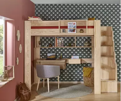 Lit mezzanine bois naturel avec accessoire de la collection Kirk en option